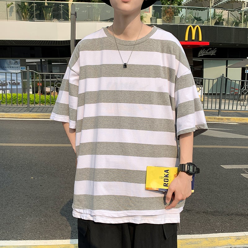 Ins Foreign Trade Hong Kong Style Striped Short-sleeved T-shirt Men's Fashionable Summer Thin Half-sleeved Clothes Loose T-shirt Top - Image 1