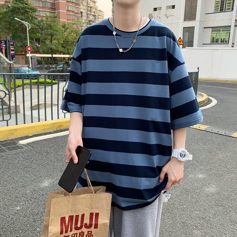 Ins Foreign Trade Hong Kong Style Striped Short-sleeved T-shirt Men's Fashionable Summer Thin Half-sleeved Clothes Loose T-shirt Top - Image 2
