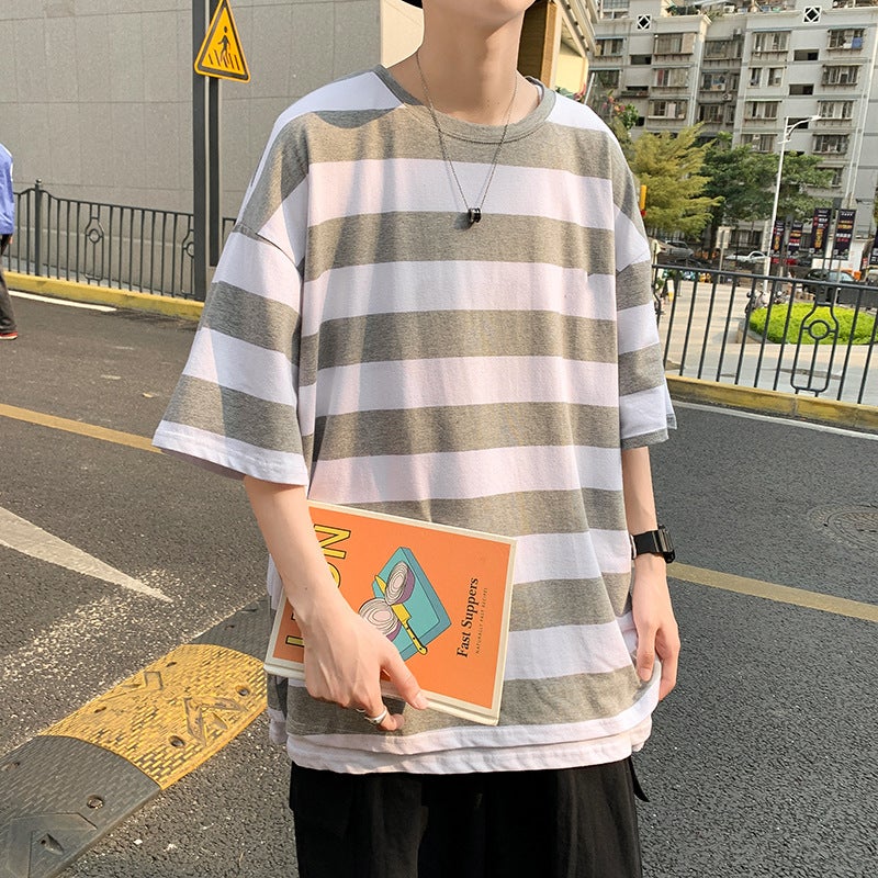 Ins Foreign Trade Hong Kong Style Striped Short-sleeved T-shirt Men's Fashionable Summer Thin Half-sleeved Clothes Loose T-shirt Top - Image 4