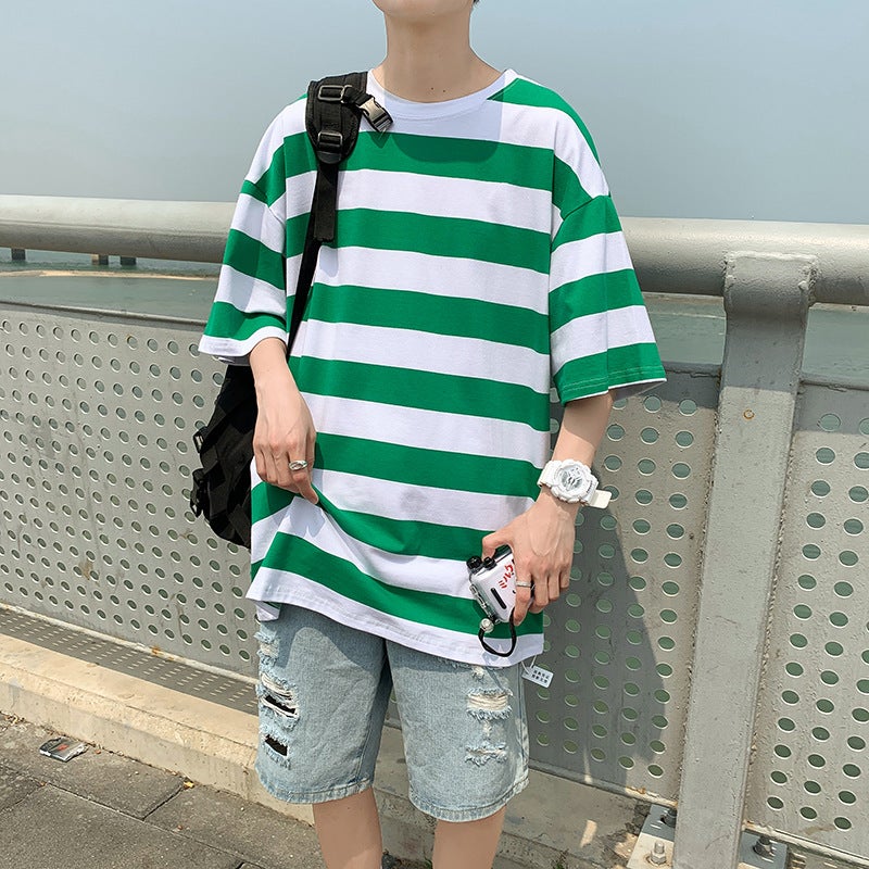 Ins Foreign Trade Hong Kong Style Striped Short-sleeved T-shirt Men's Fashionable Summer Thin Half-sleeved Clothes Loose T-shirt Top - Image 5