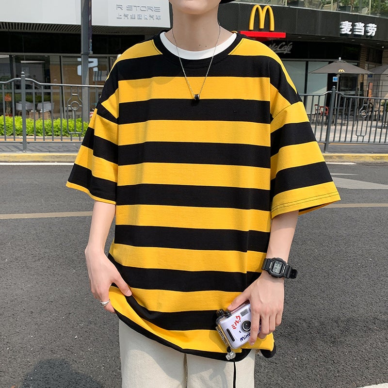 Ins Foreign Trade Hong Kong Style Striped Short-sleeved T-shirt Men's Fashionable Summer Thin Half-sleeved Clothes Loose T-shirt Top - Image 3