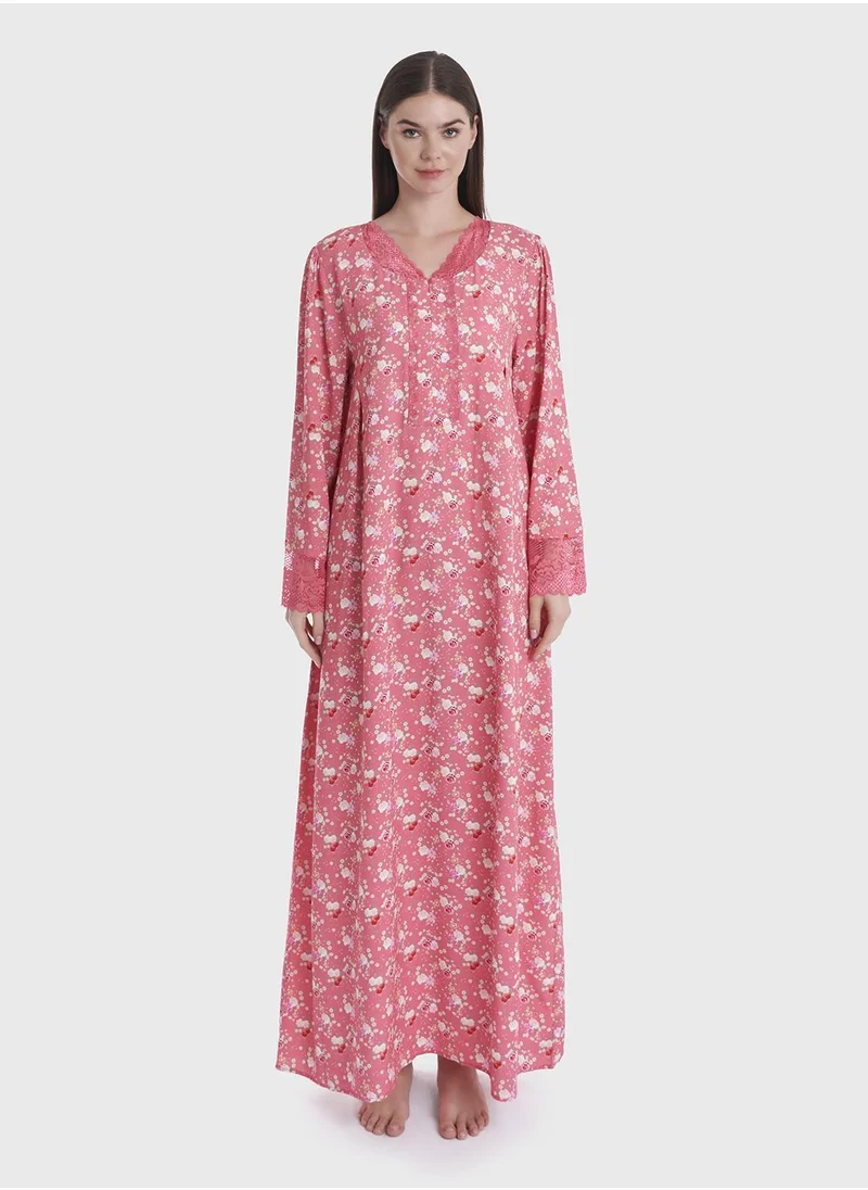 كشخة Floral Printed Dress with Lace Details