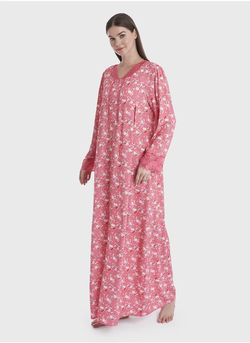 كشخة Floral Printed Dress with Lace Details
