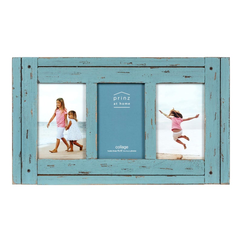 Prinz Homestead Blue Three-Picture Frame, 4 x 6 Distressed Wood Collage Frame, Wooden Rustic Decor, Two-Way Easel, Can Be Wall-Mounted, 15.5 x 0.75 x 9.1 Inches - Image 1