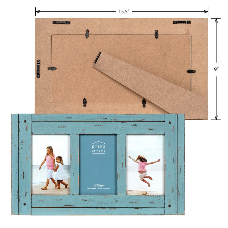 Prinz Homestead Blue Three-Picture Frame, 4 x 6 Distressed Wood Collage Frame, Wooden Rustic Decor, Two-Way Easel, Can Be Wall-Mounted, 15.5 x 0.75 x 9.1 Inches - Image 3