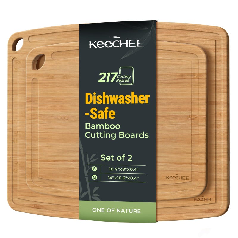 Keechee Dishwasher Safe Bamboo Cutting Boards Durable Lightweight Wood Cutting Board for Busy Kitchen, Easy Storage & Clean Wooden Chopping Boards with Juice Groove Set of 2 (M+S) - Image 1