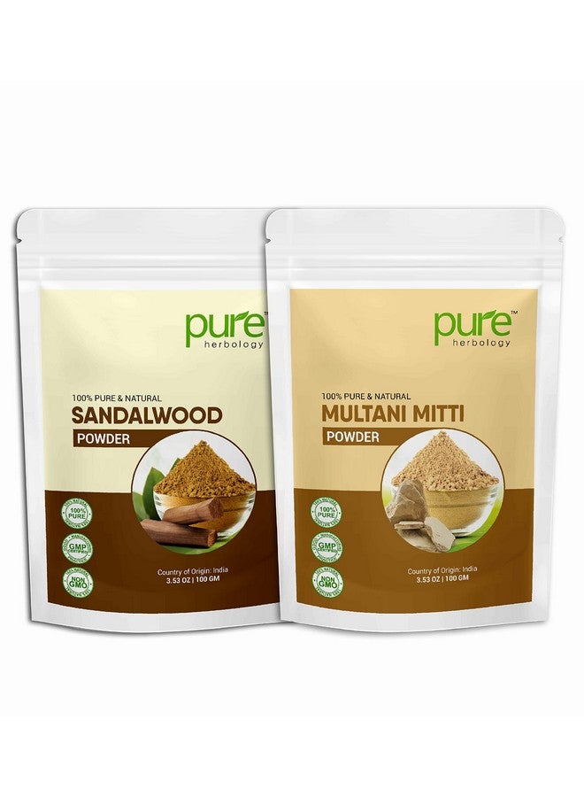 بيور هربولجي مسحوق خشب الصندل النقي والطبيعي ومسحوق ملتاني ميتى للوجه وتبييض البشرة وقناع الوجه والعناية بالبشرة (عبوة من قطعتين، كل منها 100 جرام) - Image 1