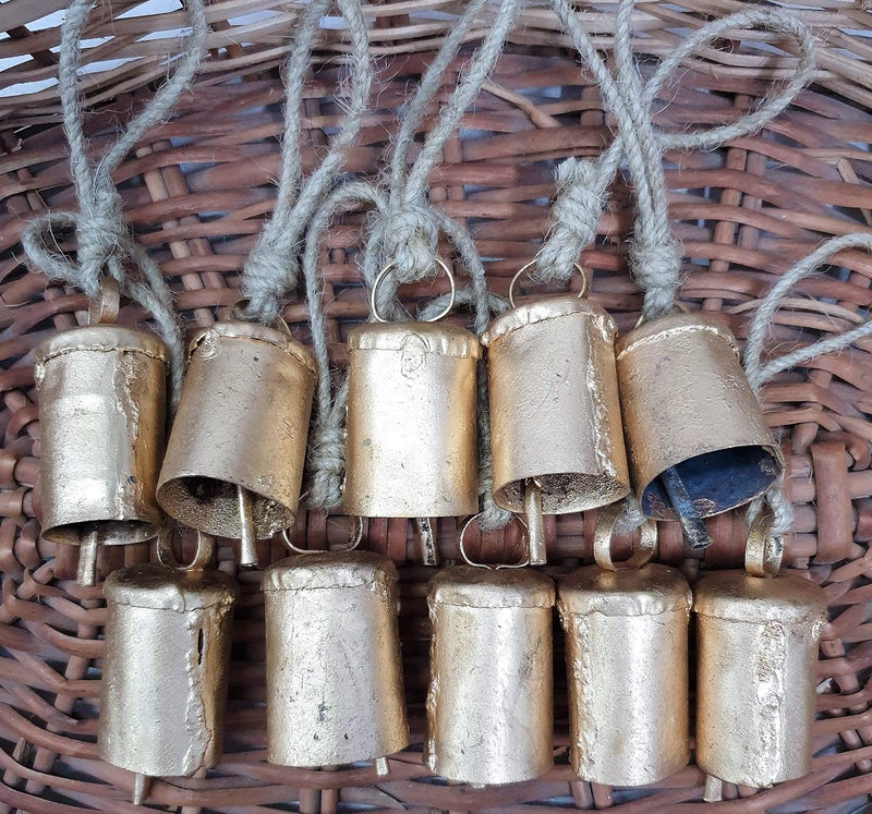HIGHBIX 7cm Big Vintage Rustic Lucky Tin Metal Cow Bells Handmade Christmas Dcor Bells on Jute Rope 10 Cylinder