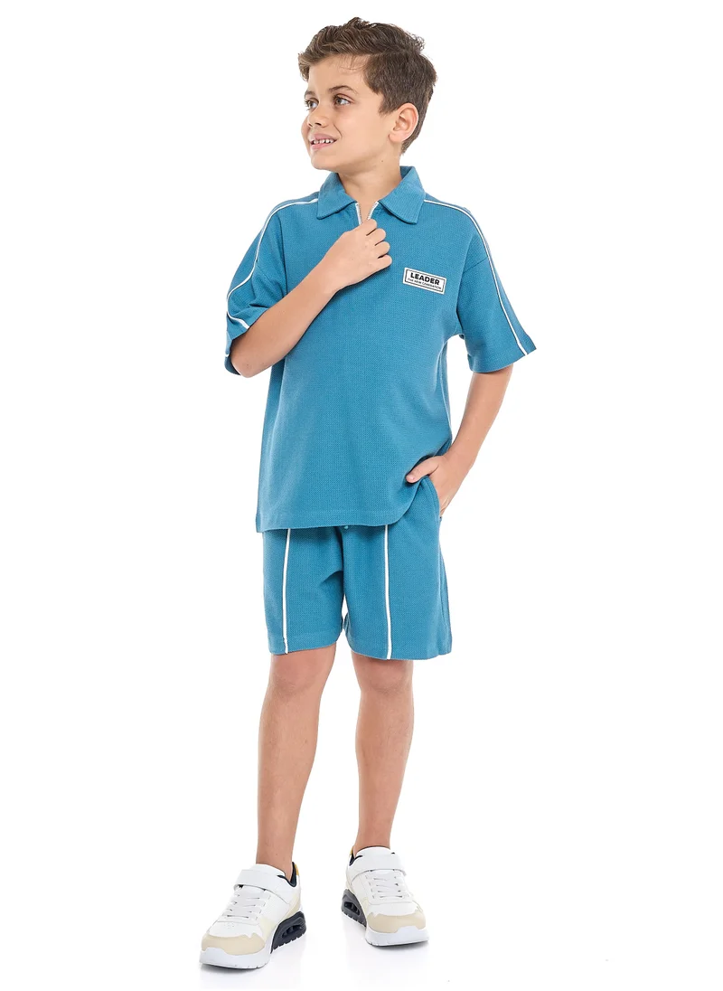 victor and jane Oversized - Boys' Jacquard Teal 2-Piece Set - Half Zipper Polo T-Shirt and matching Shorts with Pockets,
