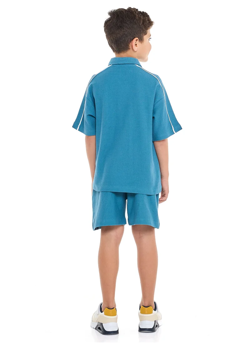 victor and jane Oversized - Boys' Jacquard Teal 2-Piece Set - Half Zipper Polo T-Shirt and matching Shorts with Pockets,