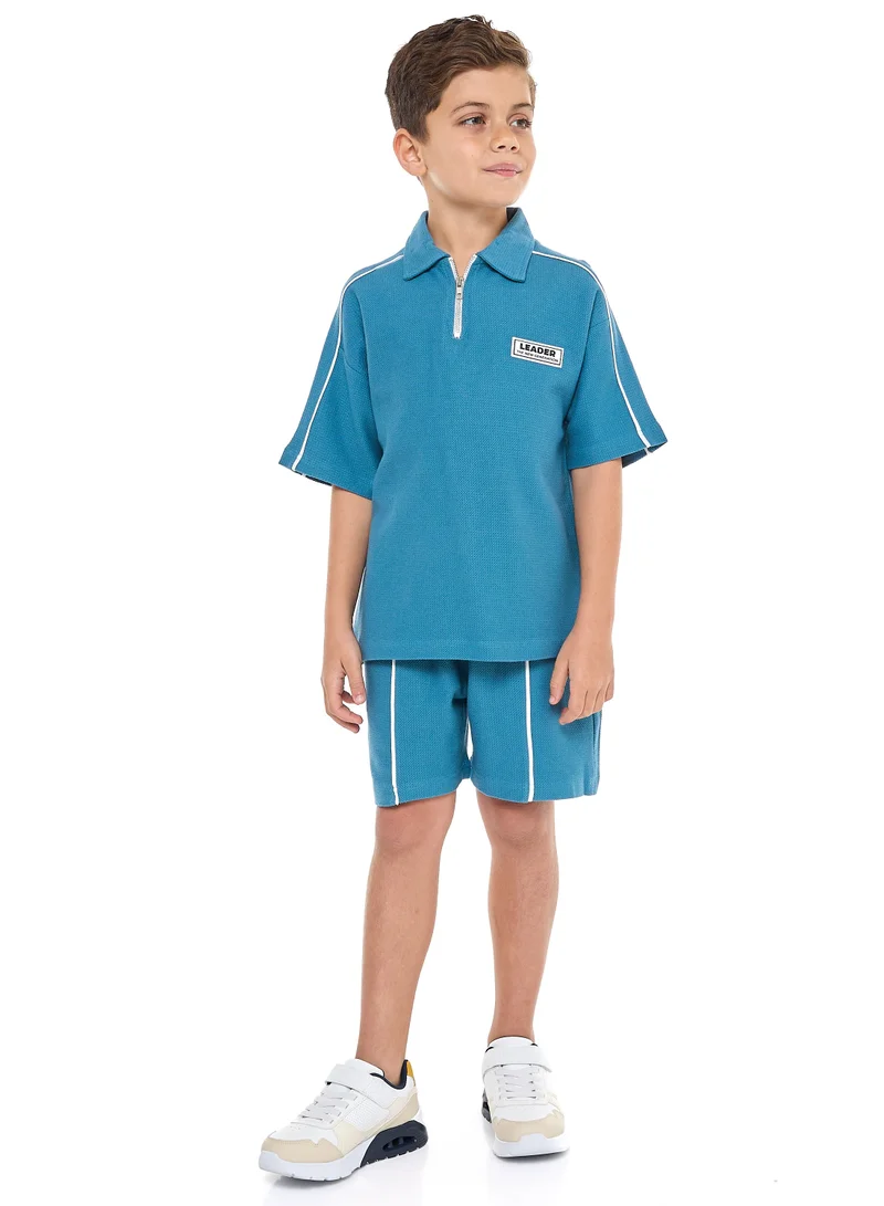 victor and jane Oversized - Boys' Jacquard Teal 2-Piece Set - Half Zipper Polo T-Shirt and matching Shorts with Pockets,