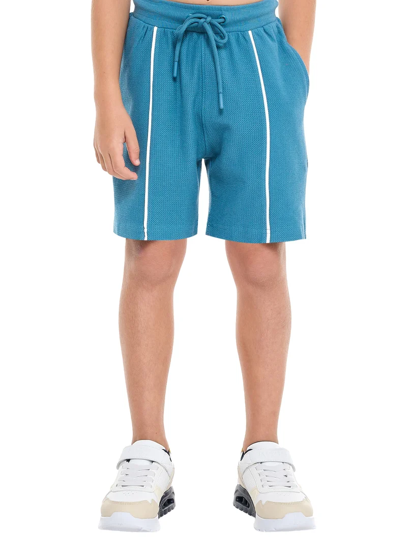 victor and jane Oversized - Boys' Jacquard Teal 2-Piece Set - Half Zipper Polo T-Shirt and matching Shorts with Pockets,