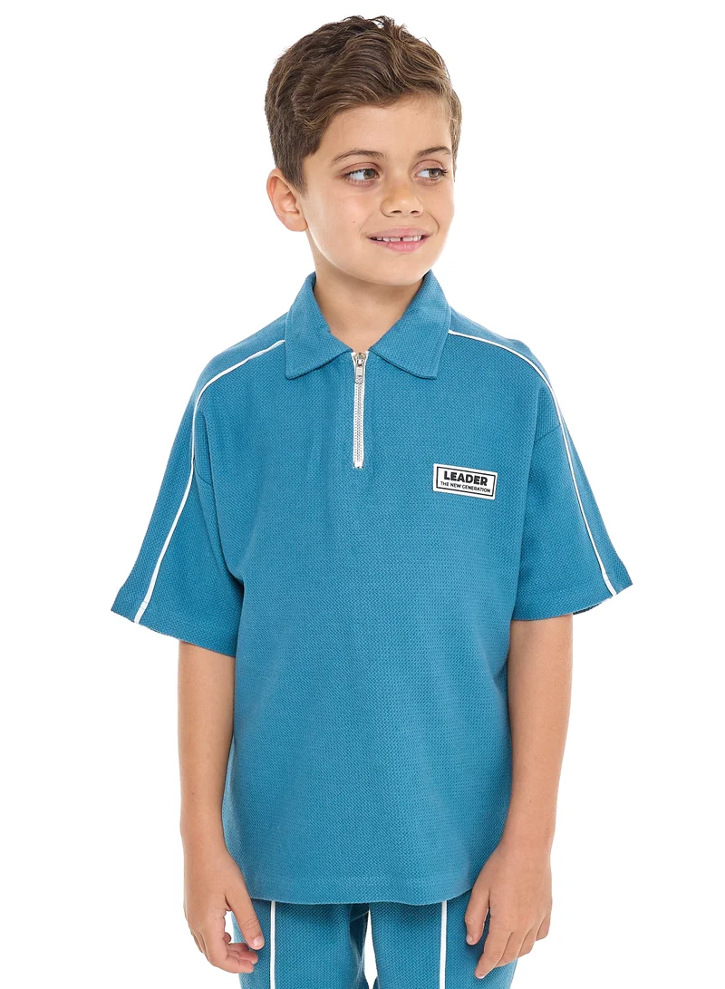 victor and jane Oversized - Boys' Jacquard Teal 2-Piece Set - Half Zipper Polo T-Shirt and matching Shorts with Pockets,