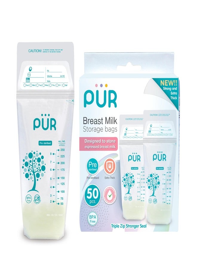 Pur Breast Milk Transparent Storage Bags by Fratelli | Breastmilk Pouches for Fridge or Freezer Use | Pre-sterilized | Reusable | Tripple Zipper for Ultimate Protection | 250ml (50 Bags) - Image 1