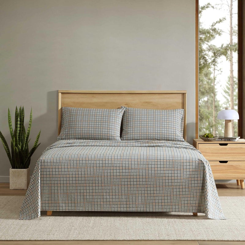Eddie Bauer - Full Sheet Set, Crisp & Cooling Sheets w/a Naturally Smooth Cotton Percale Lightweight Feel - Matching Pillowcases & Deep Pocket Fitted Sheet (Griffin Plaid Beige) - Image 1