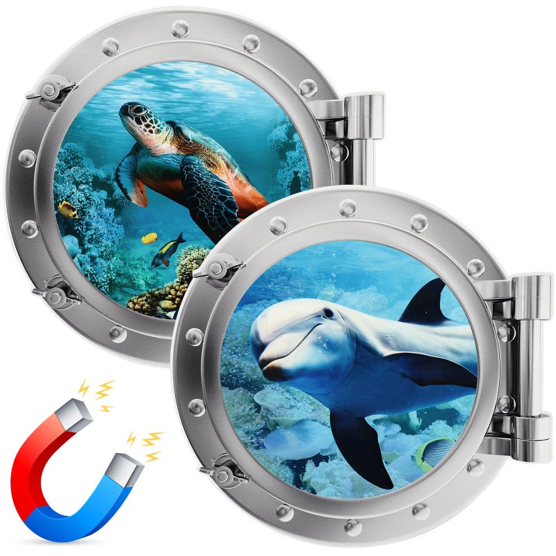 2 Pcs Cruise Door Decorations Magnetic Porthole Cruise Door Magnets 10 Inch Set Palm Tree Dolphin Turtle The Sea Nature Scenery Fridge Decor for Carnival CarMarine Style