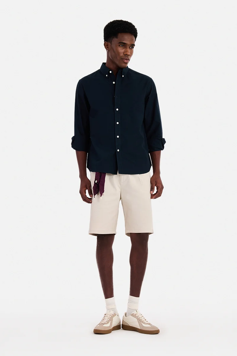 سنيتش Navy Blue Textured Long Sleeve Regular Fit Casual Shirt