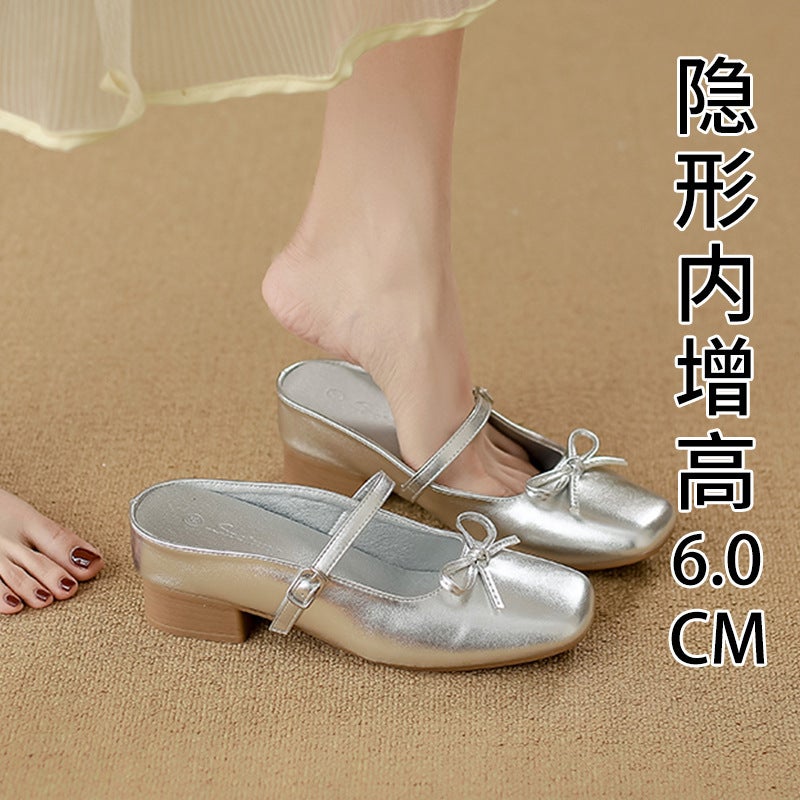 Inner Height Square Bow Silver Half Tow Shoes British Style Shallow Thick Heeled Mary Jane - Image 2