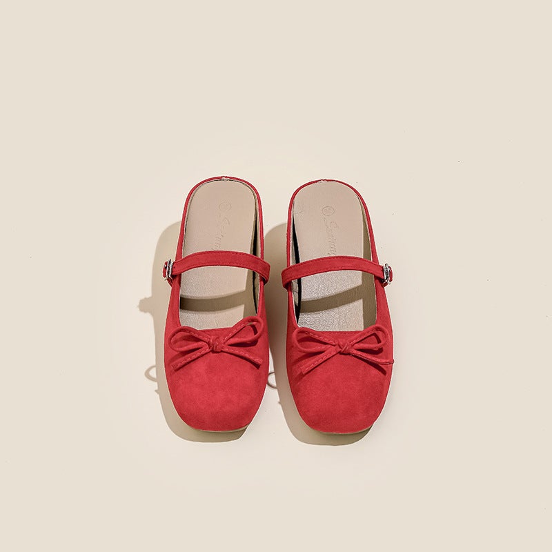 Inner Height Square Bow Silver Half Tow Shoes British Style Shallow Thick Heeled Mary Jane - Image 1