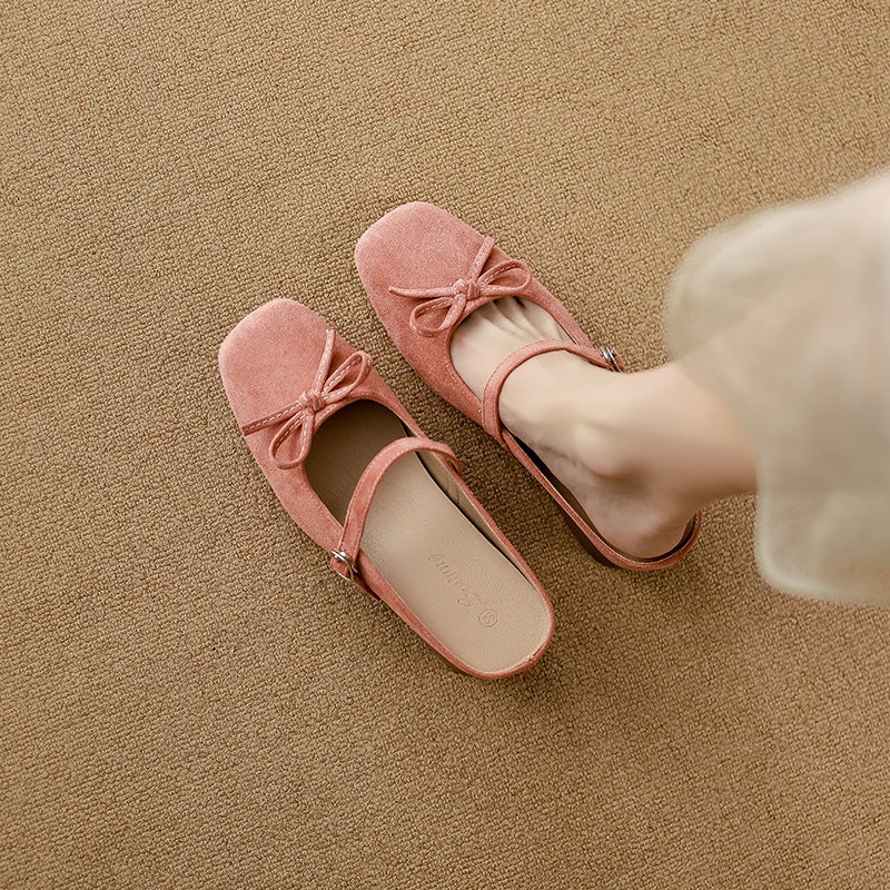 Inner Height Square Bow Silver Half Tow Shoes British Style Shallow Thick Heeled Mary Jane - Image 3