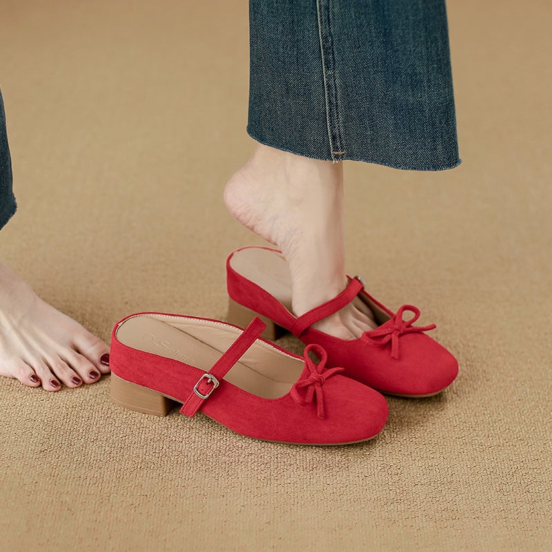 Inner Height Square Bow Silver Half Tow Shoes British Style Shallow Thick Heeled Mary Jane - Image 5