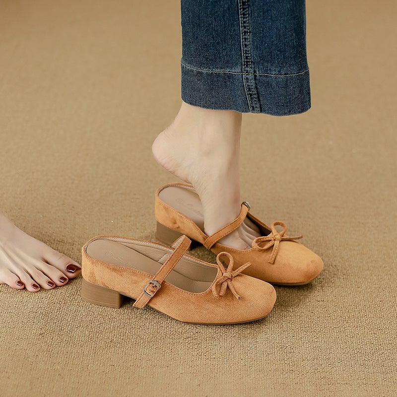 Inner Height Square Bow Silver Half Tow Shoes British Style Shallow Thick Heeled Mary Jane - Image 4