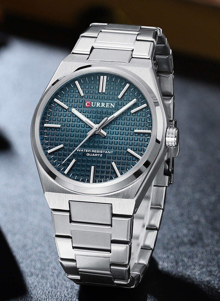 CURREN Men's Silver Teal Dial Minimalist Watch - Stainless Steel Quartz Wristwatch with Geometric Case & Waffle Texture, Elegant Business Casual Fashion Watch for Men - Image 1