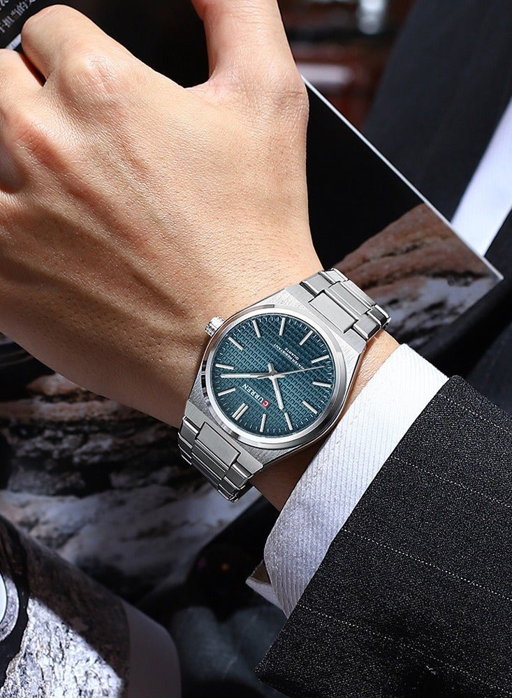 CURREN Men's Silver Teal Dial Minimalist Watch - Stainless Steel Quartz Wristwatch with Geometric Case & Waffle Texture, Elegant Business Casual Fashion Watch for Men - Image 2