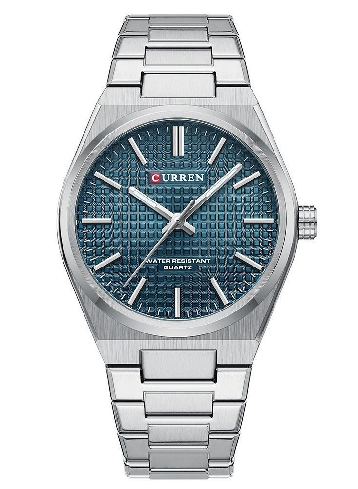 CURREN Men's Silver Teal Dial Minimalist Watch - Stainless Steel Quartz Wristwatch with Geometric Case & Waffle Texture, Elegant Business Casual Fashion Watch for Men - Image 3