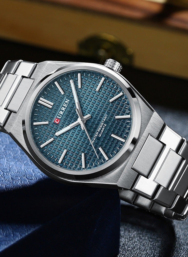 CURREN Men's Silver Teal Dial Minimalist Watch - Stainless Steel Quartz Wristwatch with Geometric Case & Waffle Texture, Elegant Business Casual Fashion Watch for Men - Image 4