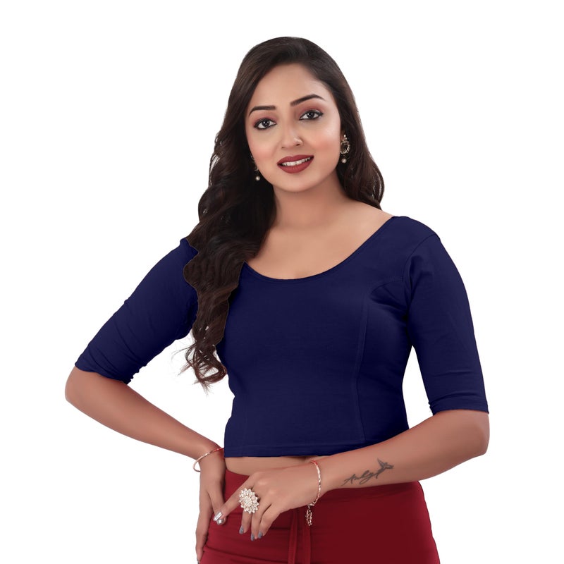 DESI GIRL - Round Neck Cotton Lycra Regular Fit Saree Blouse for Women | Bracelet - 3/4 Sleeve Readymade Stretchy Embroidered Design Festive Blouse Perfect for Saree, Lehenga, Kurti | Navy Blue - 44 - Image 5
