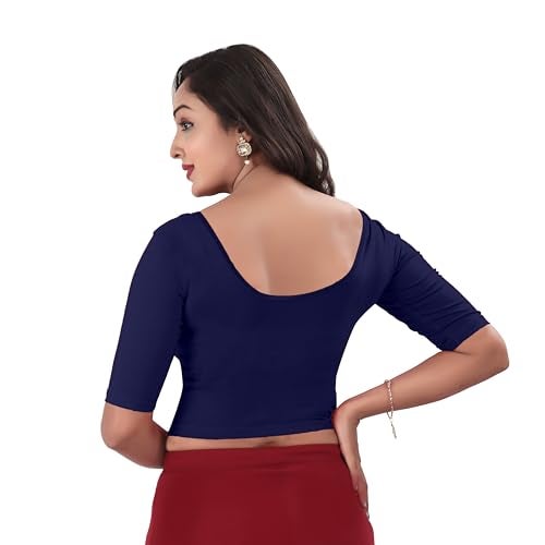 DESI GIRL - Round Neck Cotton Lycra Regular Fit Saree Blouse for Women | Bracelet - 3/4 Sleeve Readymade Stretchy Embroidered Design Festive Blouse Perfect for Saree, Lehenga, Kurti | Navy Blue - 44 - Image 3