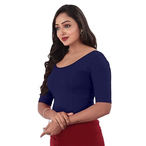 DESI GIRL - Round Neck Cotton Lycra Regular Fit Saree Blouse for Women | Bracelet - 3/4 Sleeve Readymade Stretchy Embroidered Design Festive Blouse Perfect for Saree, Lehenga, Kurti | Navy Blue - 44 - Image 2