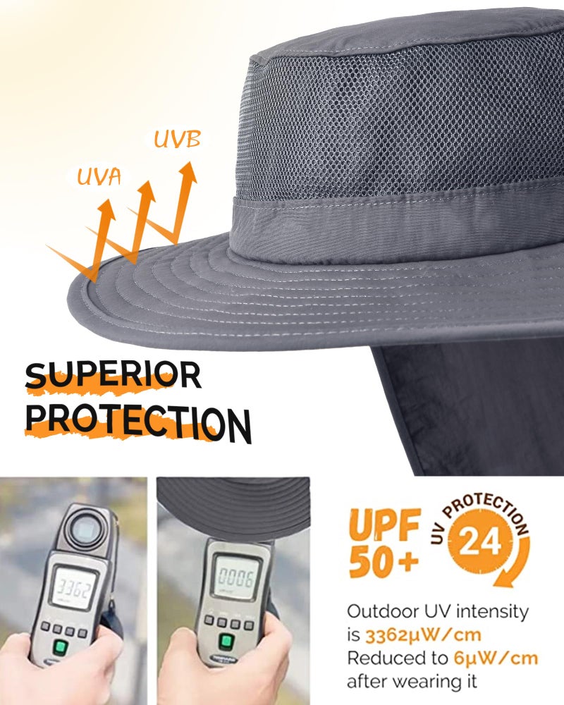 Camptrace UPF 80+ Sun Hats for Men Women Wide Brim Sun Protection Mesh Hat with Neck Flap Fishing Hiking Gardening Hats Dark Grey - Image 2