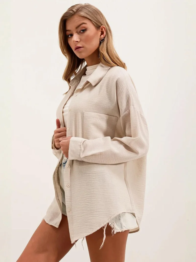 Big Dart Cream Natural BDART Linen Blended Shirt with Button Closure for Women | Best Price UAE