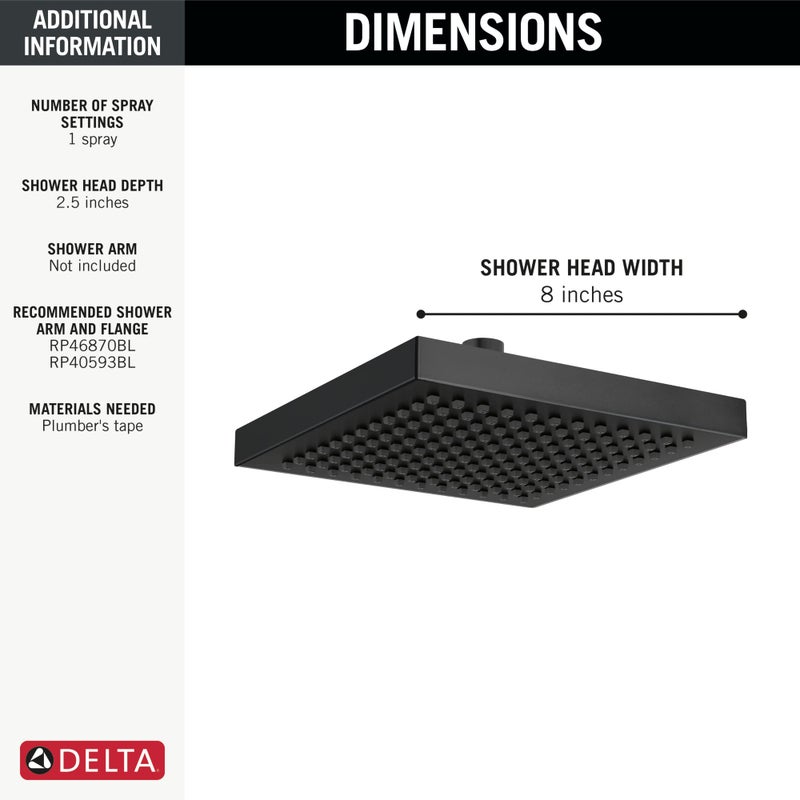 Delta Faucet Single-Spray Rain Shower Head Black, Rainfall , Black Square , Matte Black Rainfall , Delta Rain Shower Metal , Matte Black 52841-BL - Image 3