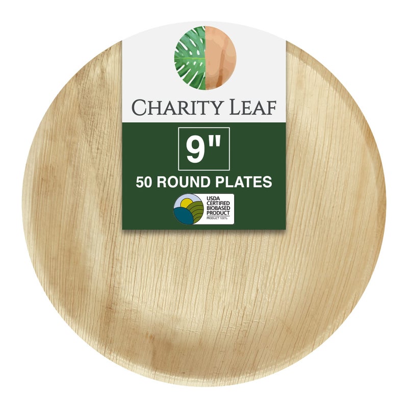 Charity Leaf Disposable Palm Leaf 9"" Round Plates (50 pieces) Bamboo Like Serving Platters  Disposable Boards  Eco-Friendly Dinnerware For Weddings  Catering  Events - Image 1