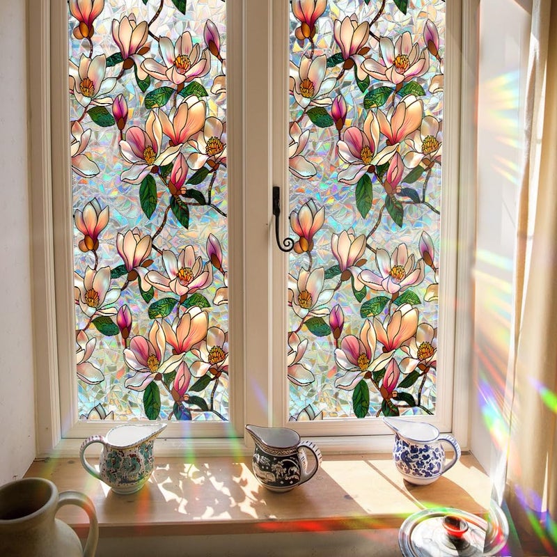 Yeysynana Sunroof Stained Glass Window Film, Rainbow Magnolia Static Window Clings, No Adhesive Sun Heat Blocking Privacy Window Film Decals for Home Office Living Room Car Sunroof Stickers 16.9 x 39.37 Inch - Image 4