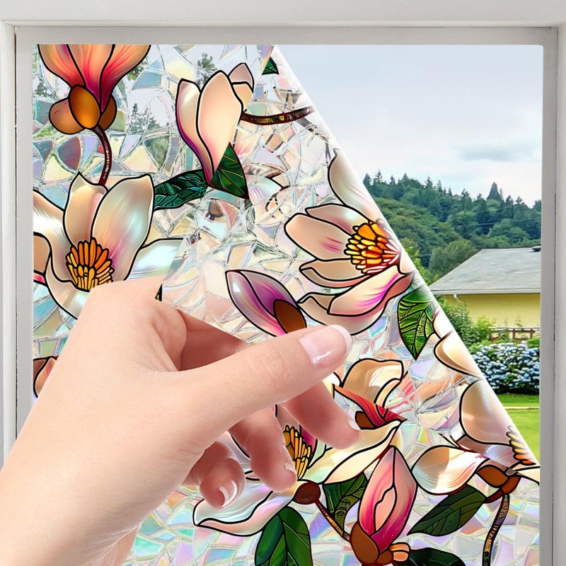 Yeysynana Sunroof Stained Glass Window Film, Rainbow Magnolia Static Window Clings, No Adhesive Sun Heat Blocking Privacy Window Film Decals for Home Office Living Room Car Sunroof Stickers 16.9 x 39.37 Inch - Image 3