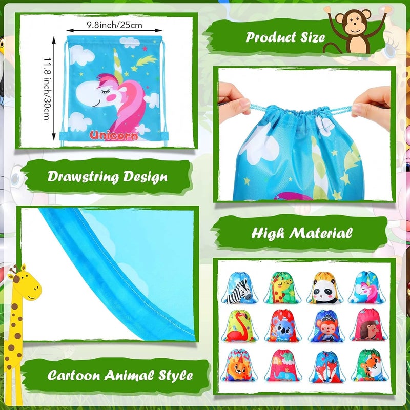 Shappy 12 Pcs Jungle Animal Drawstring Bags Cartoon Animal Print Party Favors Bags for Kids Safari Zoo Candy Goodie treat Gift Backpack Jungle theme Supplies for Boys Girls Birthday Baby Shower - Image 2