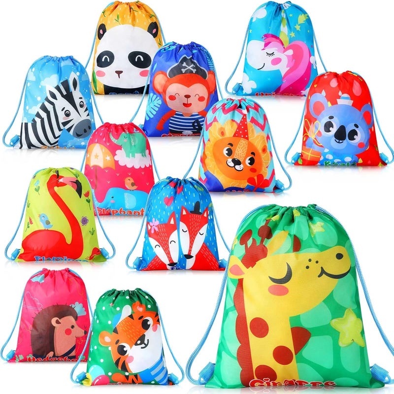 Shappy 12 Pcs Jungle Animal Drawstring Bags Cartoon Animal Print Party Favors Bags for Kids Safari Zoo Candy Goodie treat Gift Backpack Jungle theme Supplies for Boys Girls Birthday Baby Shower - Image 1
