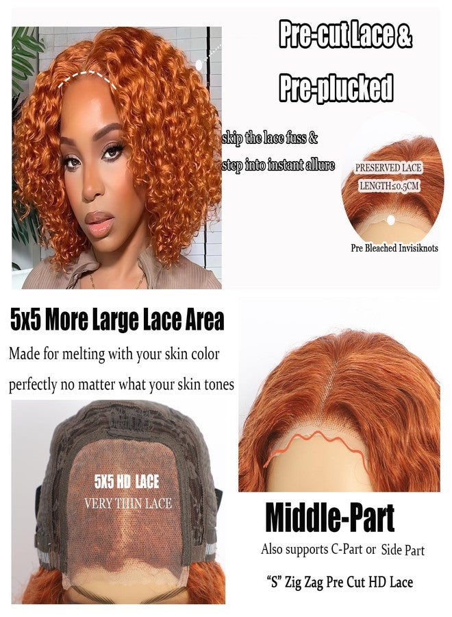 Rolisy 5x5 Glueless Wigs Human Hair Pre Plucked Pre Cut Short Curly Human Hair Wig Wear And Go Glueless Ginger Curly Bob Wig Water Wave Lace Front Wigs For Black Women HD Lace Closure Middle Part 350 12 Inch - Image 4