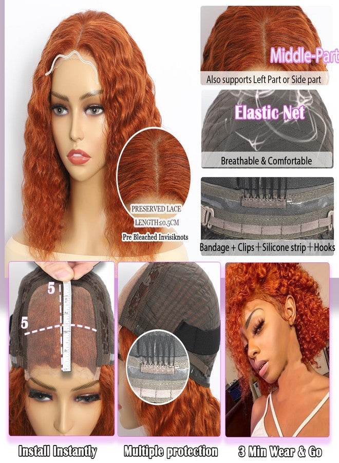 Rolisy 5x5 Glueless Wigs Human Hair Pre Plucked Pre Cut Short Curly Human Hair Wig Wear And Go Glueless Ginger Curly Bob Wig Water Wave Lace Front Wigs For Black Women HD Lace Closure Middle Part 350 12 Inch - Image 2