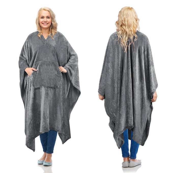 FLEECE WEARABLE BLANKET PONCHO FOR ADULT WOMEN MEN TRAVEL WRAP BLANKET CAPE WITH POCKET WARM SOFT COZY SNUGGLY GIFT FOR HER NO SLEEVES ALLSEASON