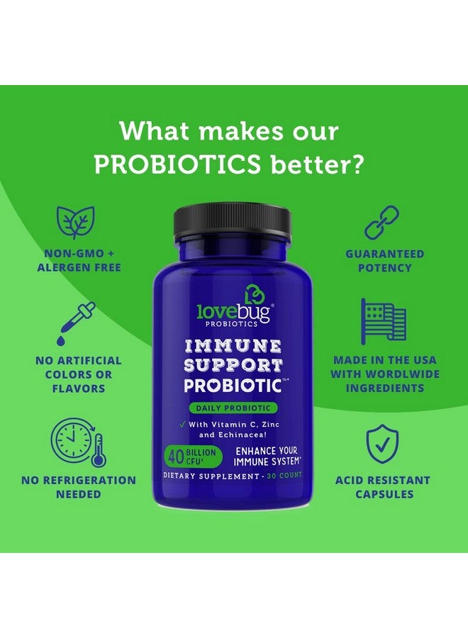 LoveBug Probiotics Immune Support Daily Probiotic For Men & Women 40 Billion Cfu & 6 Strains Includes Vitamin C Zinc & Echinacea 30 Capsules Vegan & Nongmo - Image 4