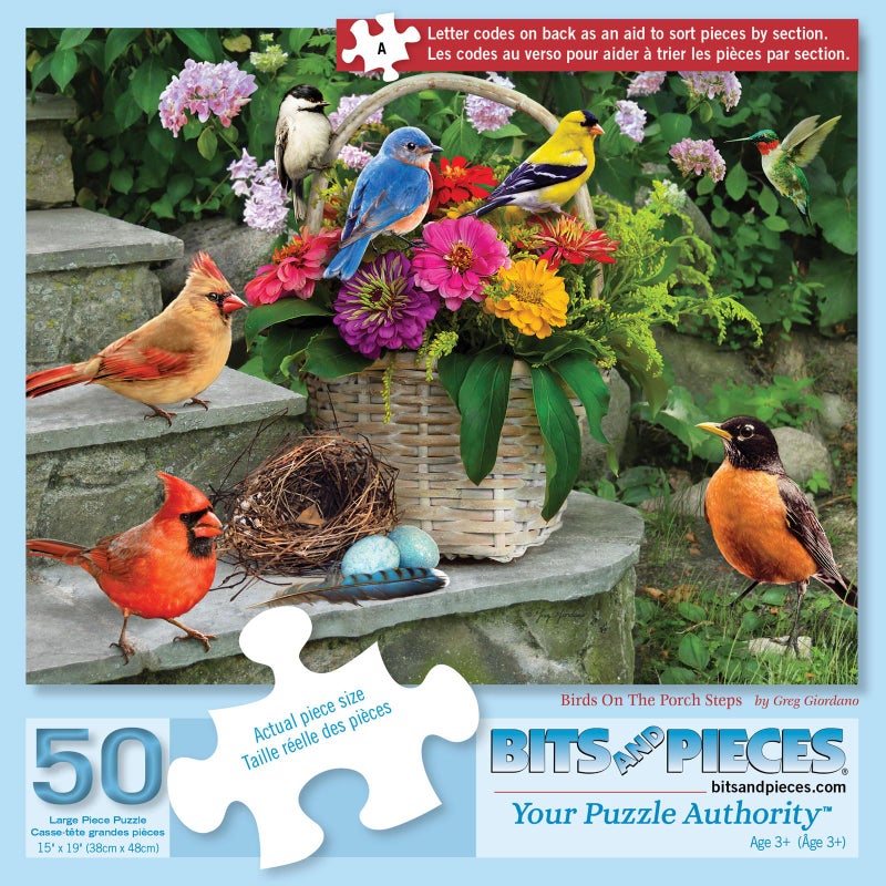 Bits and Pieces 50 Piece Puzzles for Adults 50 Large Pieces 15" x 19" Jigsaw Puzzles, Birds and Flowers, Random Die Cut, No 2 Pieces Alike, Birds on The Porch Steps - Image 2