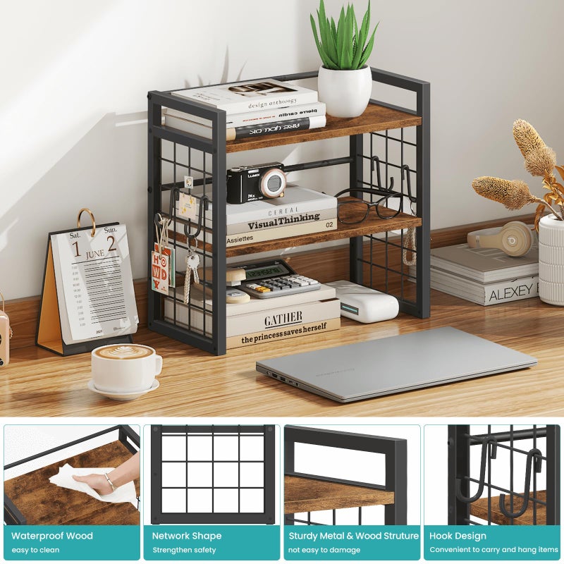 ELITEROO Desktop Shelf Organizer, 2 Tier Wood Desk Bookshelf, Desk Top Storage Rack for Office, Dorm, or Bedroom Decor, Small Tabletop Shelf for Books, Plants & Accessories, Rustic Brown - Image 2