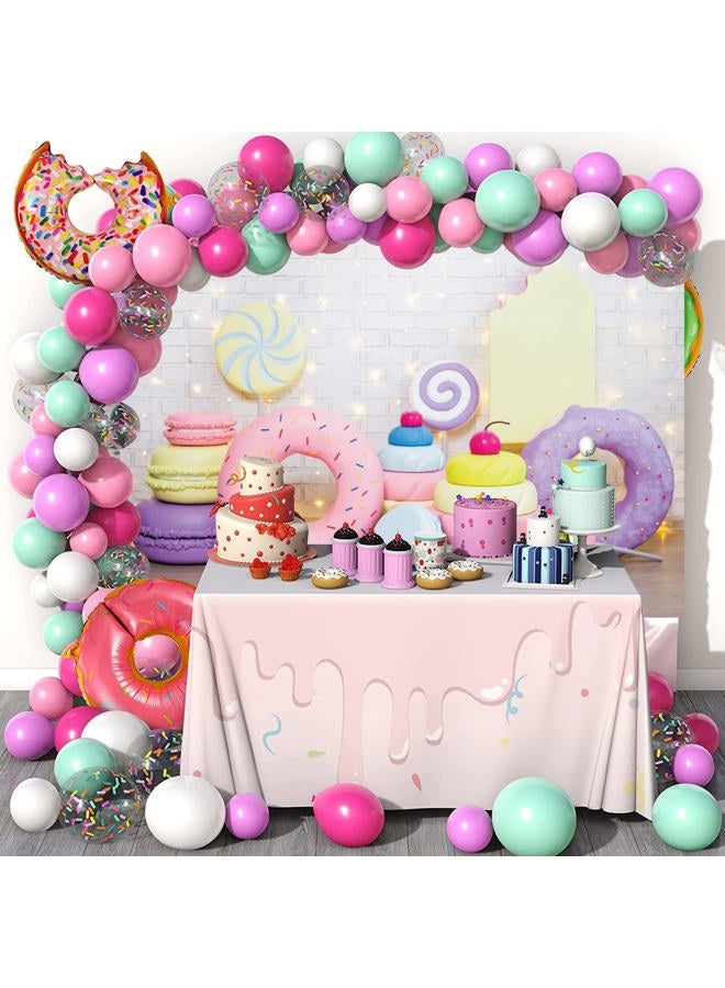 DASHAN 7x5ft Donut Backdrop Donut Candy Cake Smash White Brick Wall Polyester Photography Background for Baby Shower Party Girl Birthday Portrait Banner Baby Girl 1st Birthday YouTube Photo Prop - Image 2