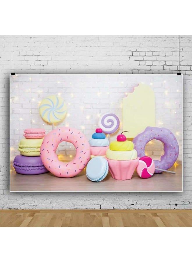 DASHAN 7x5ft Donut Backdrop Donut Candy Cake Smash White Brick Wall Polyester Photography Background for Baby Shower Party Girl Birthday Portrait Banner Baby Girl 1st Birthday YouTube Photo Prop - Image 1