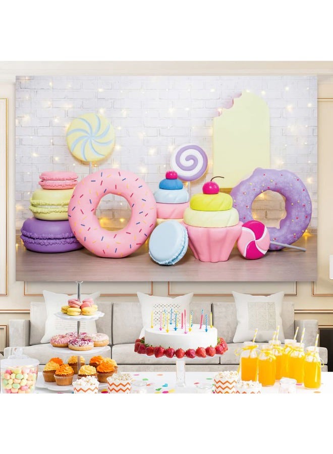 DASHAN 7x5ft Donut Backdrop Donut Candy Cake Smash White Brick Wall Polyester Photography Background for Baby Shower Party Girl Birthday Portrait Banner Baby Girl 1st Birthday YouTube Photo Prop - Image 3